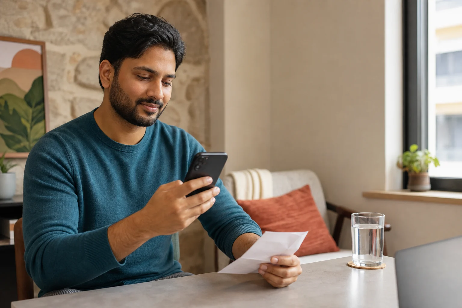 Adult reviewing a follow-up reminder and aftercare sheet at home