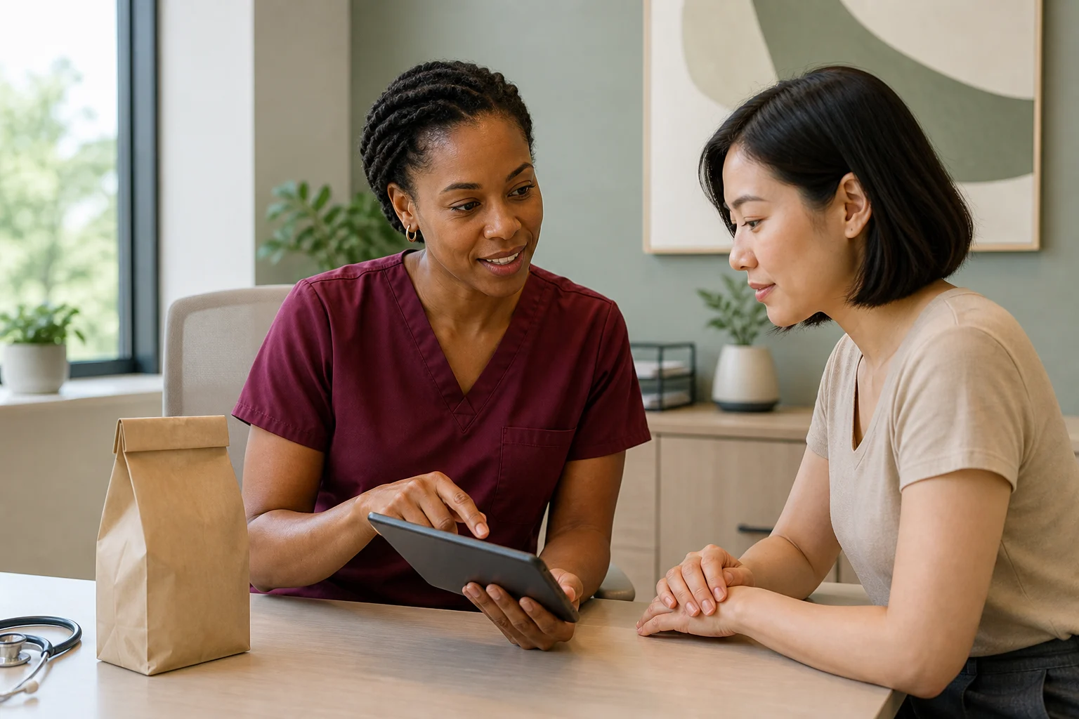 Clinician explaining a private treatment and follow-up plan to an adult patient